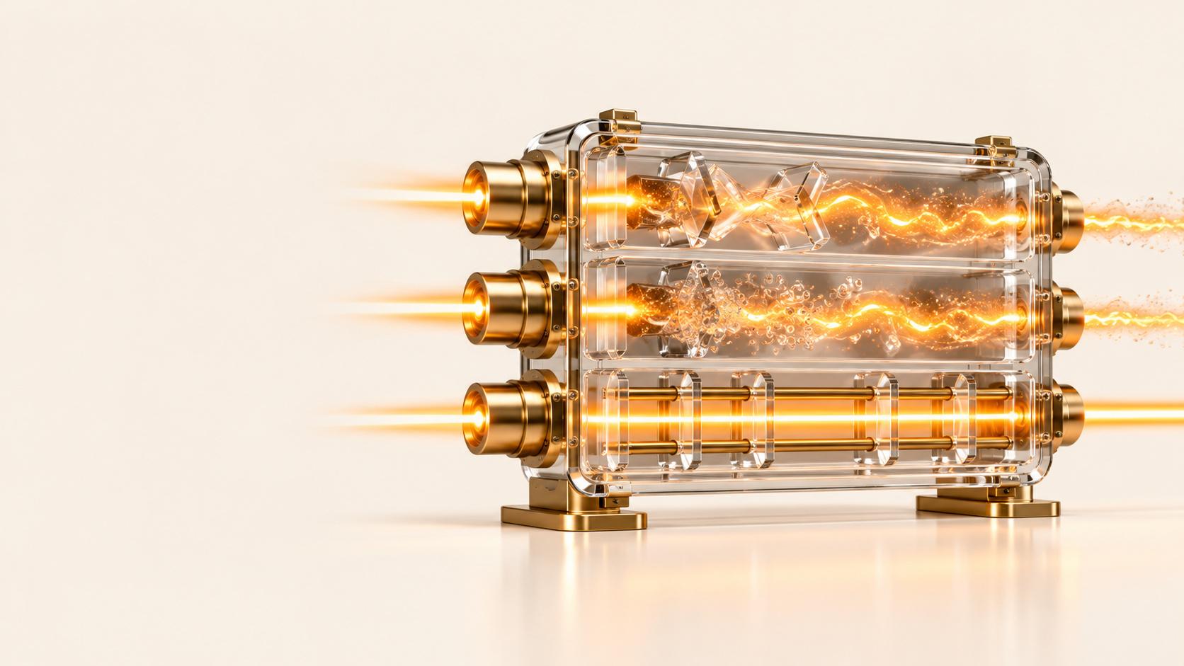 A clear glass block on brass feet carries three beams of golden light: the top two twist and scatter through loose glass pieces, while the bottom beam runs straight through evenly spaced glass baffles, on a cream background.