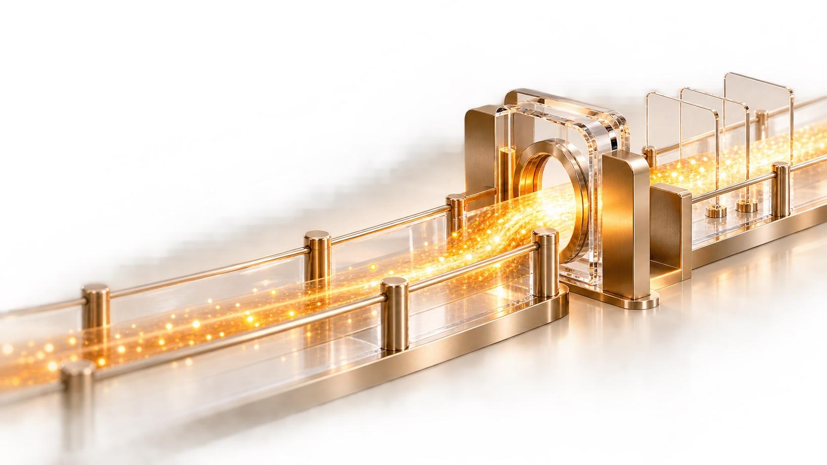 A stream of glowing gold particles flows along a glass track lined with brass rails, passes through a square glass and brass gate with a round opening, and continues past a row of thin upright glass panels on a white background.