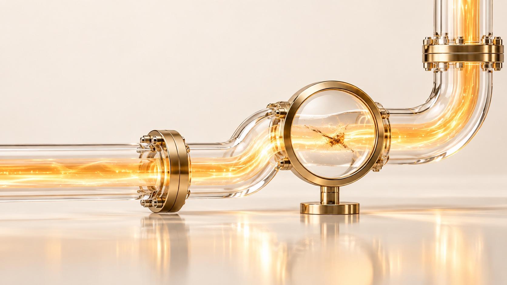 A clear glass pipe carrying glowing gold light bends across a pale reflective surface, joined by brass flanges, with a round brass-framed lens on a stand magnifying a small crack inside the flow.