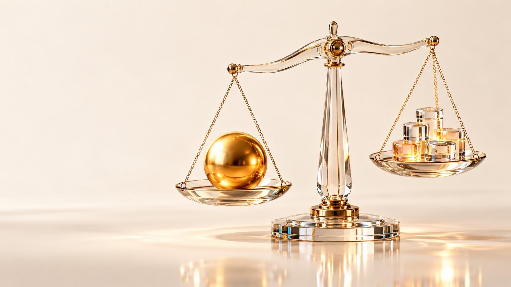 A clear glass balance scale on a reflective cream surface, its lower left pan holding a polished gold sphere and its raised right pan holding a small stack of clear glass cylinder weights glowing amber in warm light.