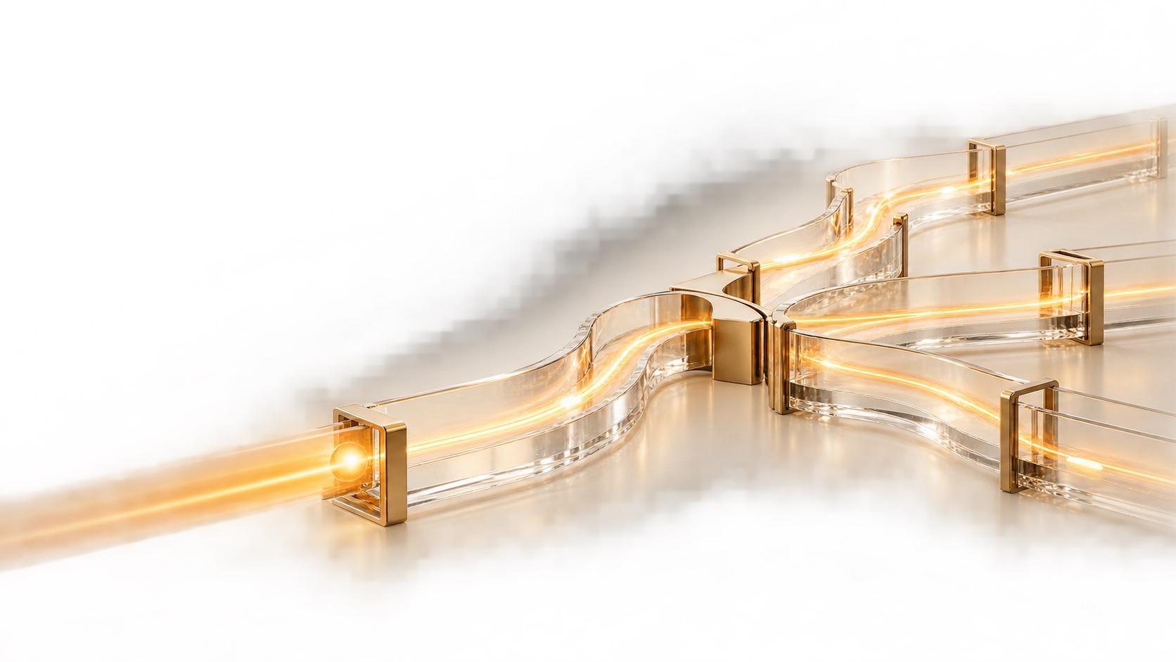 Clear glass channels joined by gold brackets on a pale cream surface, guiding a glowing gold light that enters from the left and branches into several parallel bounded paths.
