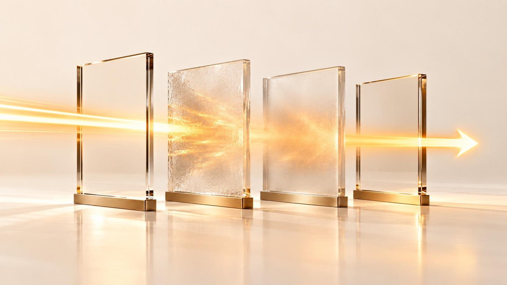 Four upright glass panes on brass bases in a diagonal row on a reflective cream surface, a golden beam of light passing cleanly through the clear first and last panes and scattering inside the two frosted middle panes before exiting as an arrow.