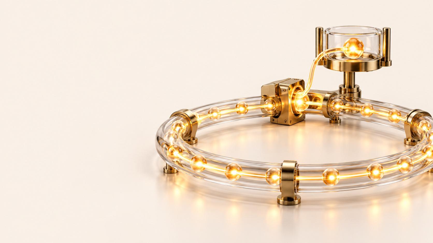 A ring of clear glass tubing carrying glowing gold beads, held by brass clamps on a cream surface, with one bead diverted from a brass junction up to a glowing sphere in a raised glass cup.