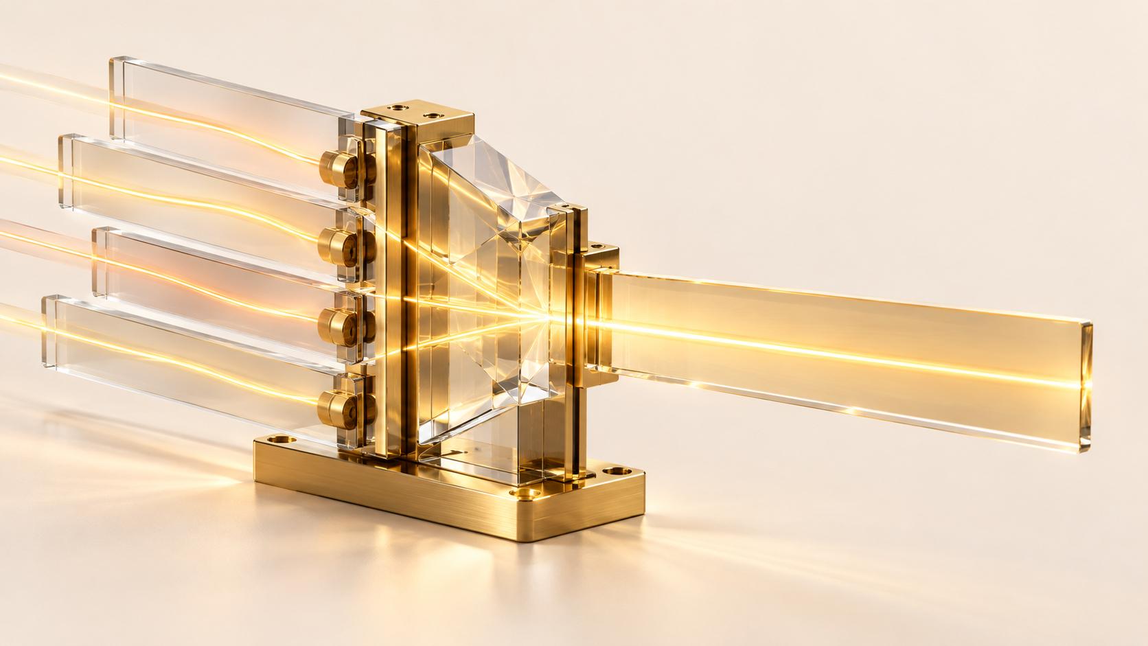 Four clear glass bars held in a brass mount carry golden light from the left into a faceted glass prism, which sends it out as one wider glass bar to the right, on a pale cream surface.