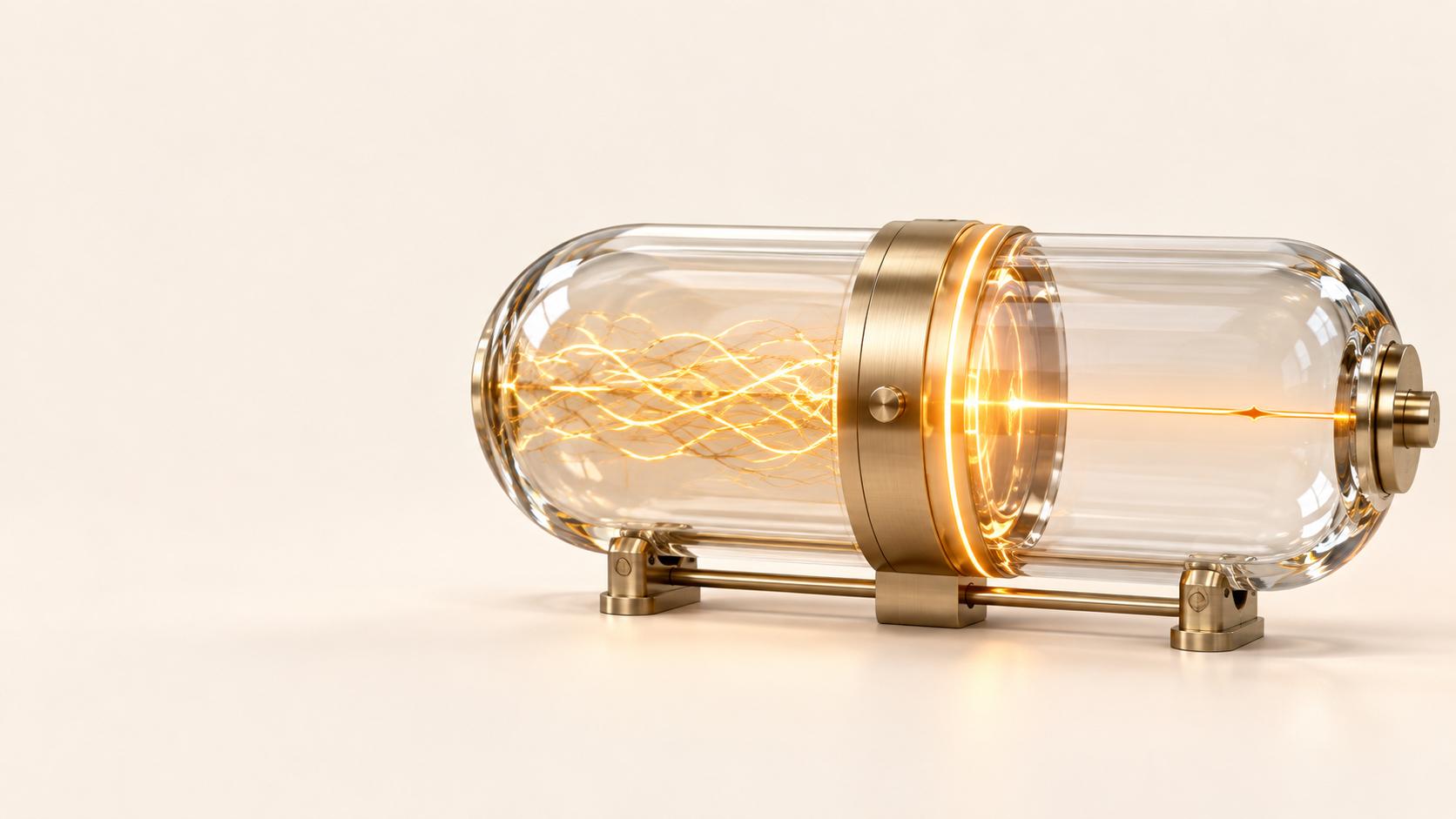 A horizontal glass capsule on a brass stand, divided by a brass collar: tangled strands of golden light fill the left chamber and leave the right chamber as a single straight beam.