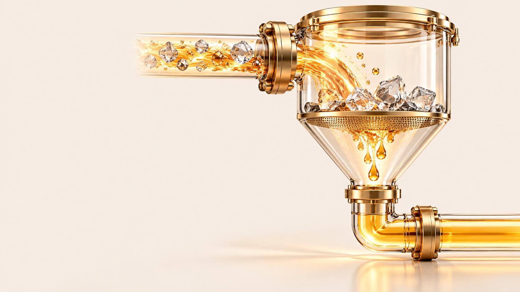 Amber liquid carrying clear crystal fragments flows through a glass pipe into a glass and brass filter vessel, where a mesh holds the crystals back while clean golden drops fall through a funnel into an outlet pipe, on a cream background.
