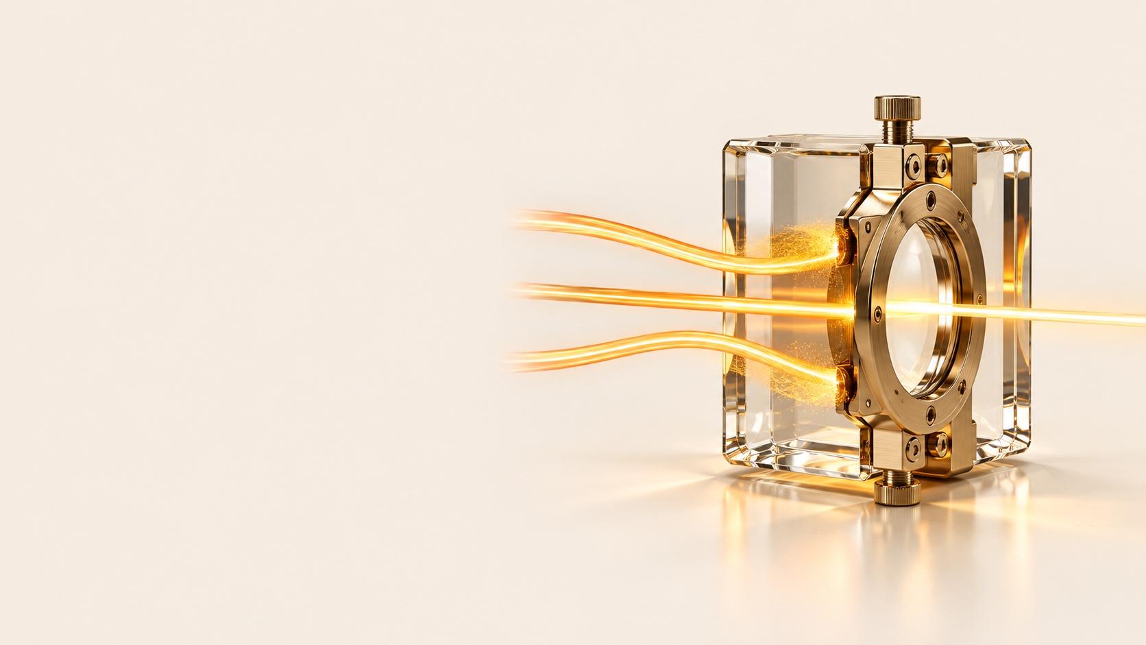 Three glowing gold light streams enter a clear glass block from the left and pass through a round brass-framed aperture, leaving as a single straight beam on the right, on a cream surface.