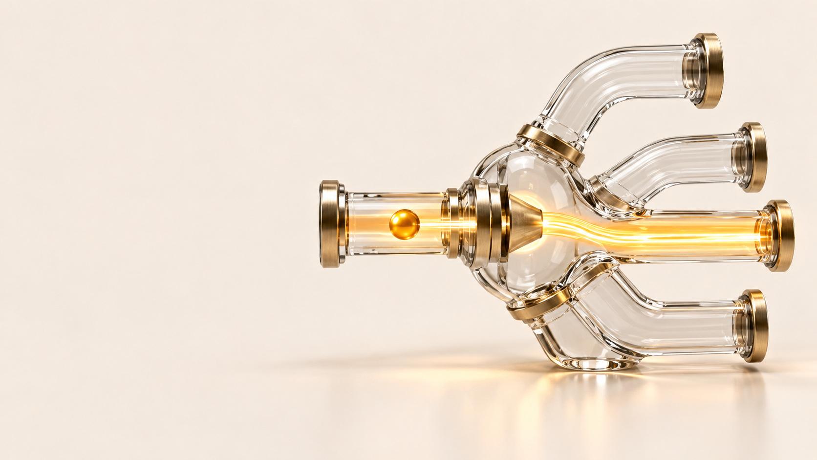 A gold bead enters a branching glass pipe with brass fittings, while golden light follows the straight channel on a cream surface.