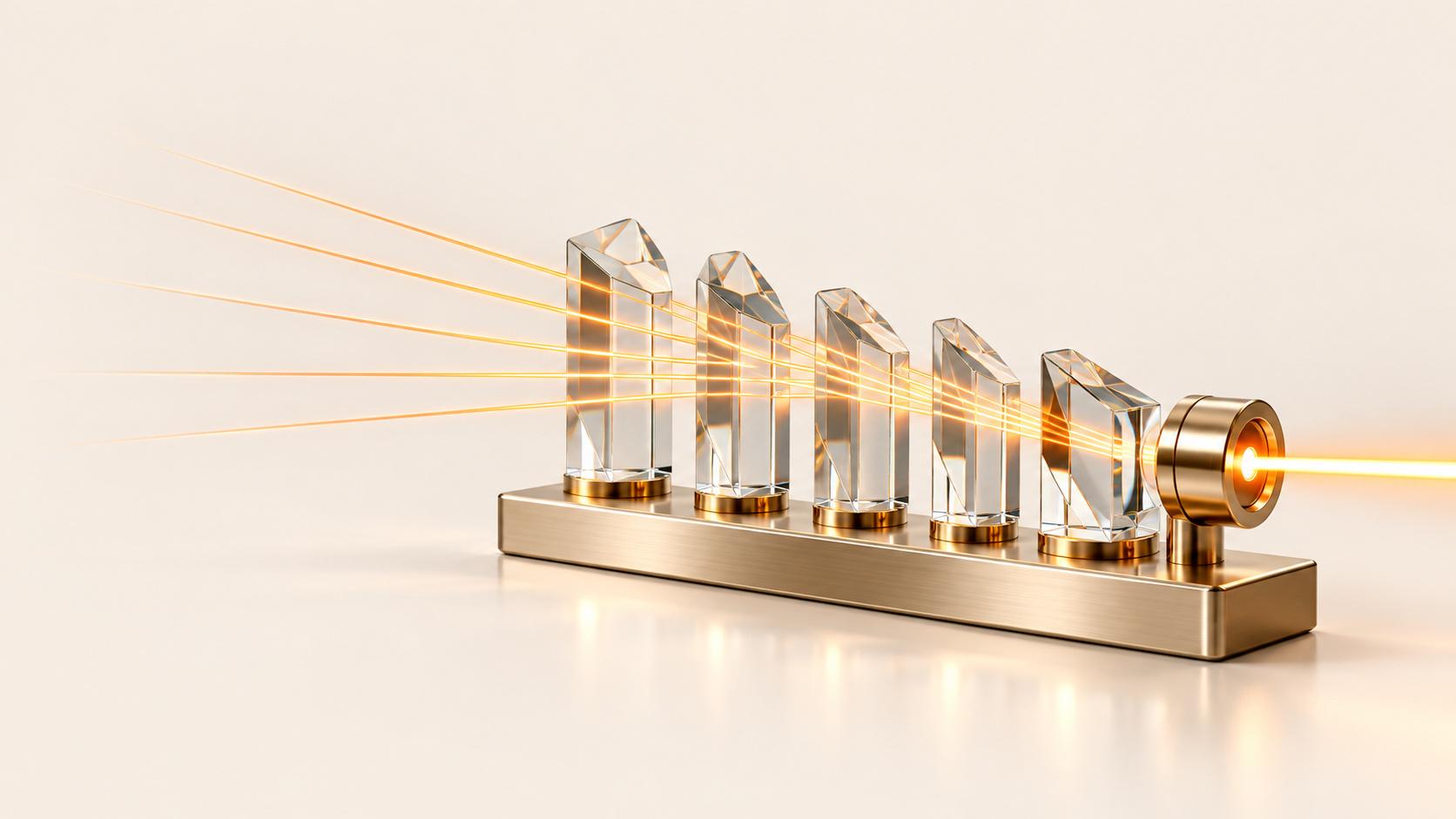 Five clear glass prisms on brass mounts along a brushed brass bar on a cream surface, gathering several threads of gold light into one bright beam that leaves through a brass ring at the end.