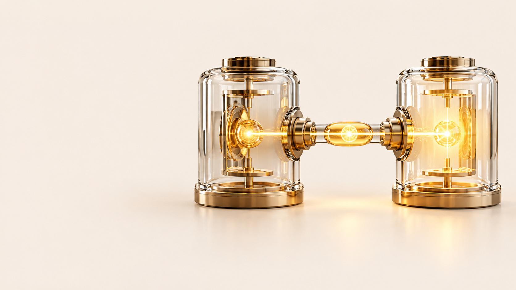 Two clear glass cylinders with brass caps and bases, each holding a glowing golden core, joined by a horizontal glass capsule that carries a beam of light between them on a cream surface.
