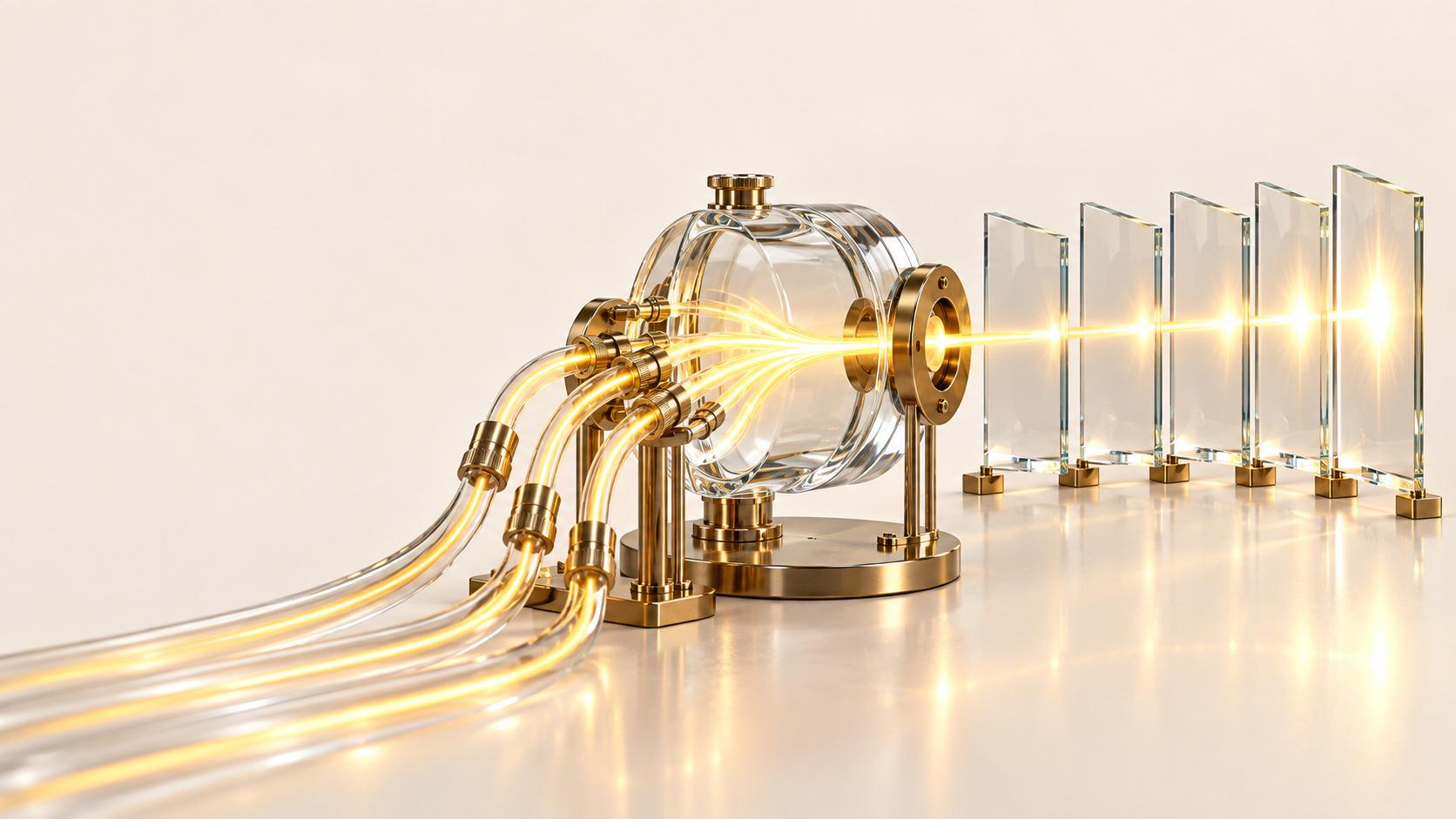 Several glass tubes carry gold light into a round glass chamber on brass supports, which sends a single bright beam through five upright glass panels on a cream reflective surface.