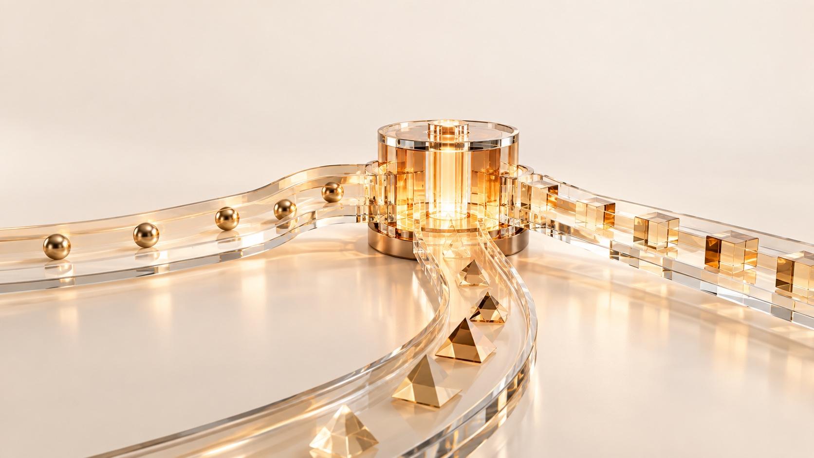Three clear glass tracks converge on a glowing amber glass core on a white surface: one carries gold spheres, one gold cubes and one gold pyramids.