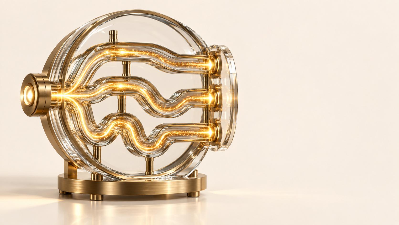 A round glass and brass device on a cream surface: glowing gold light enters at a single brass inlet on the left and splits into three glass tubes, one nearly straight, one gently curved and one sharply winding, each ending at its own outlet on the right.