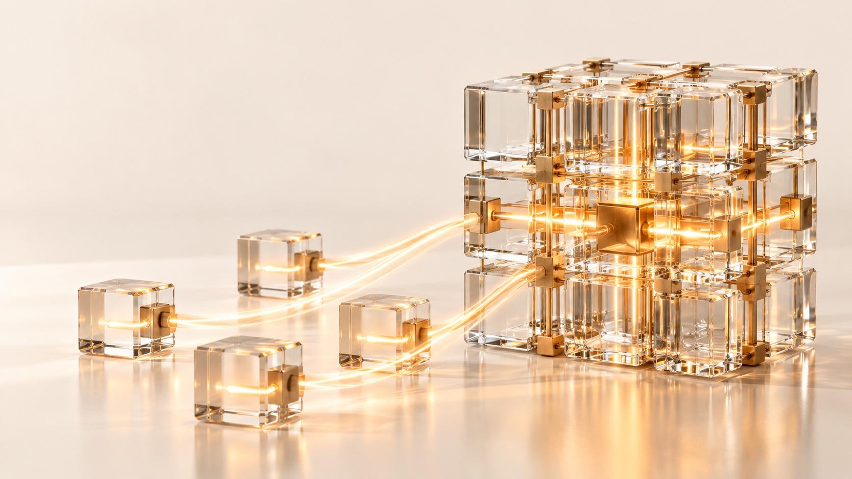 Four small glass cubes send beams of warm gold light into a large lattice of interlocking glass blocks joined by gold connectors, on a pale cream surface.