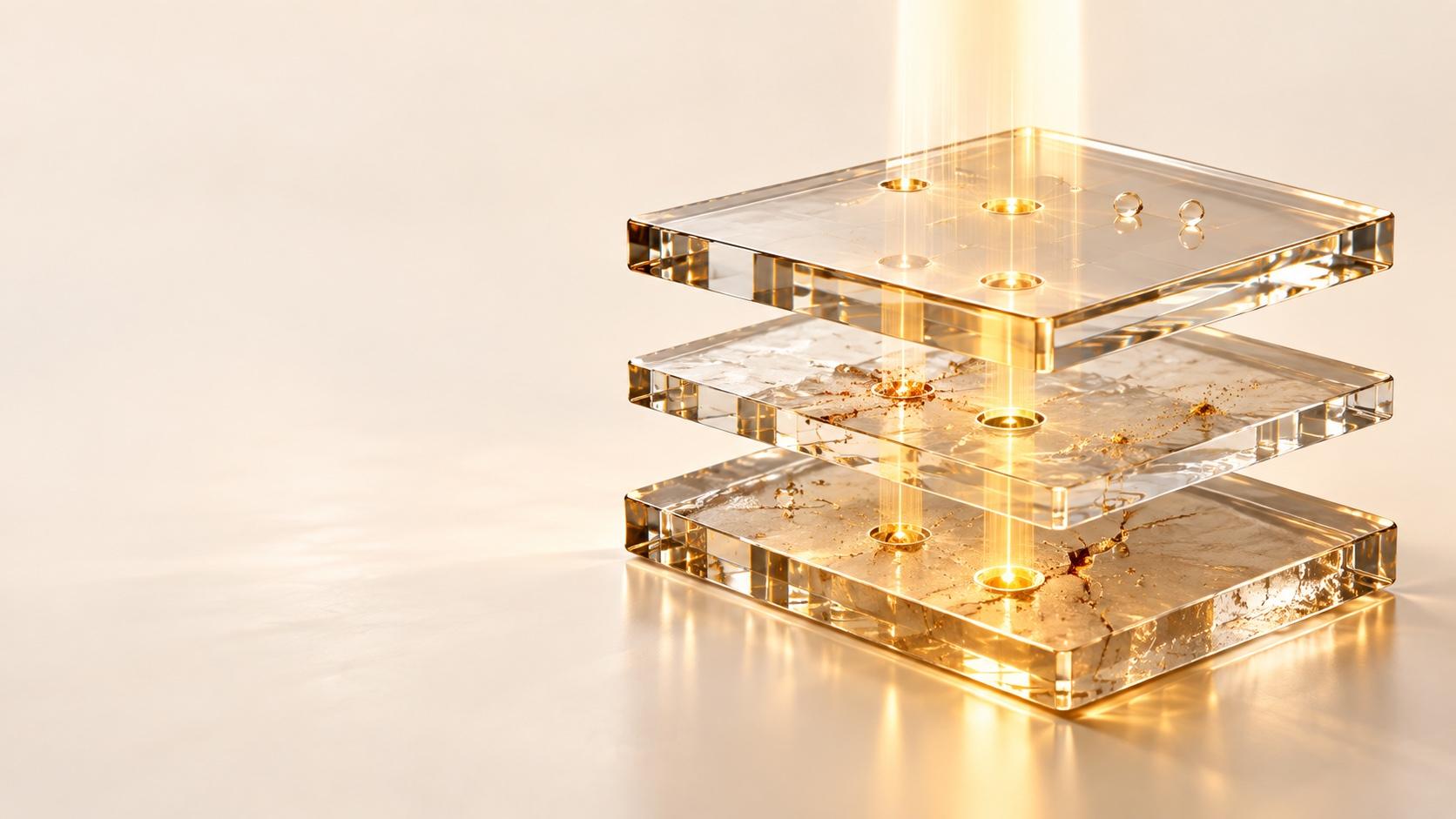 Three stacked translucent glass panes on a cream surface, warm gold light passing down through them, with small bright points marking flaws in each layer.