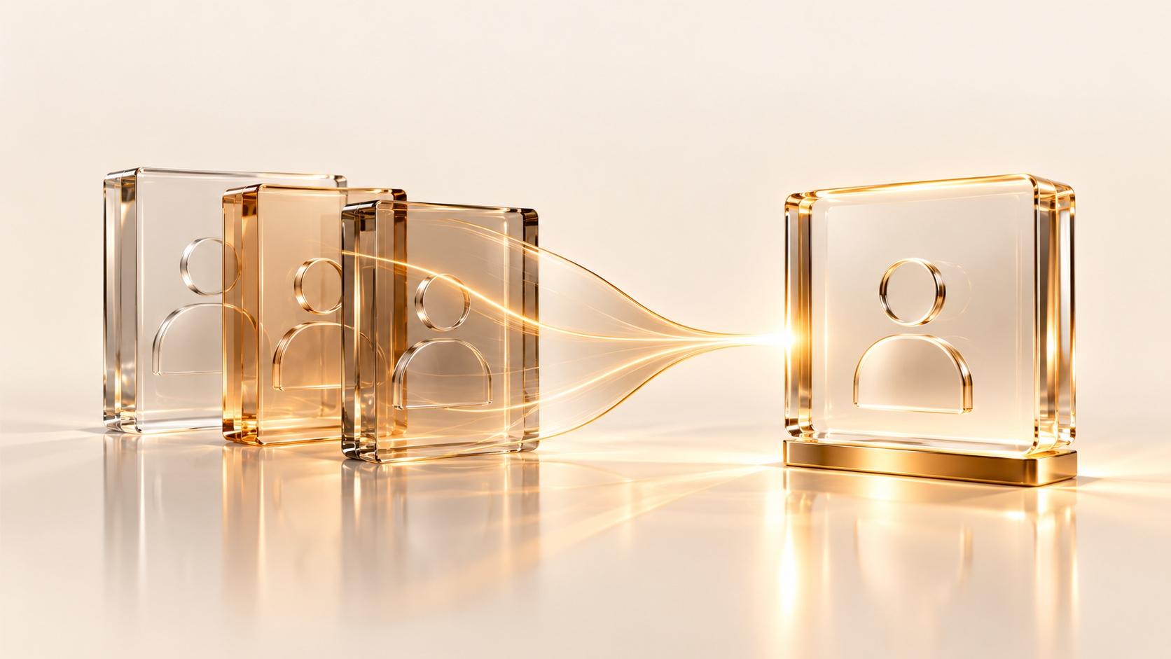 Three overlapping translucent glass blocks, each etched with a person icon, stream gold light into one clear glass block on a gold base.