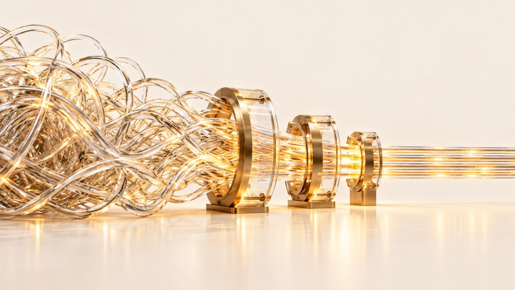 Tangled glass threads pass through three gold-rimmed rings and emerge as straight, glowing strands on a pale surface
