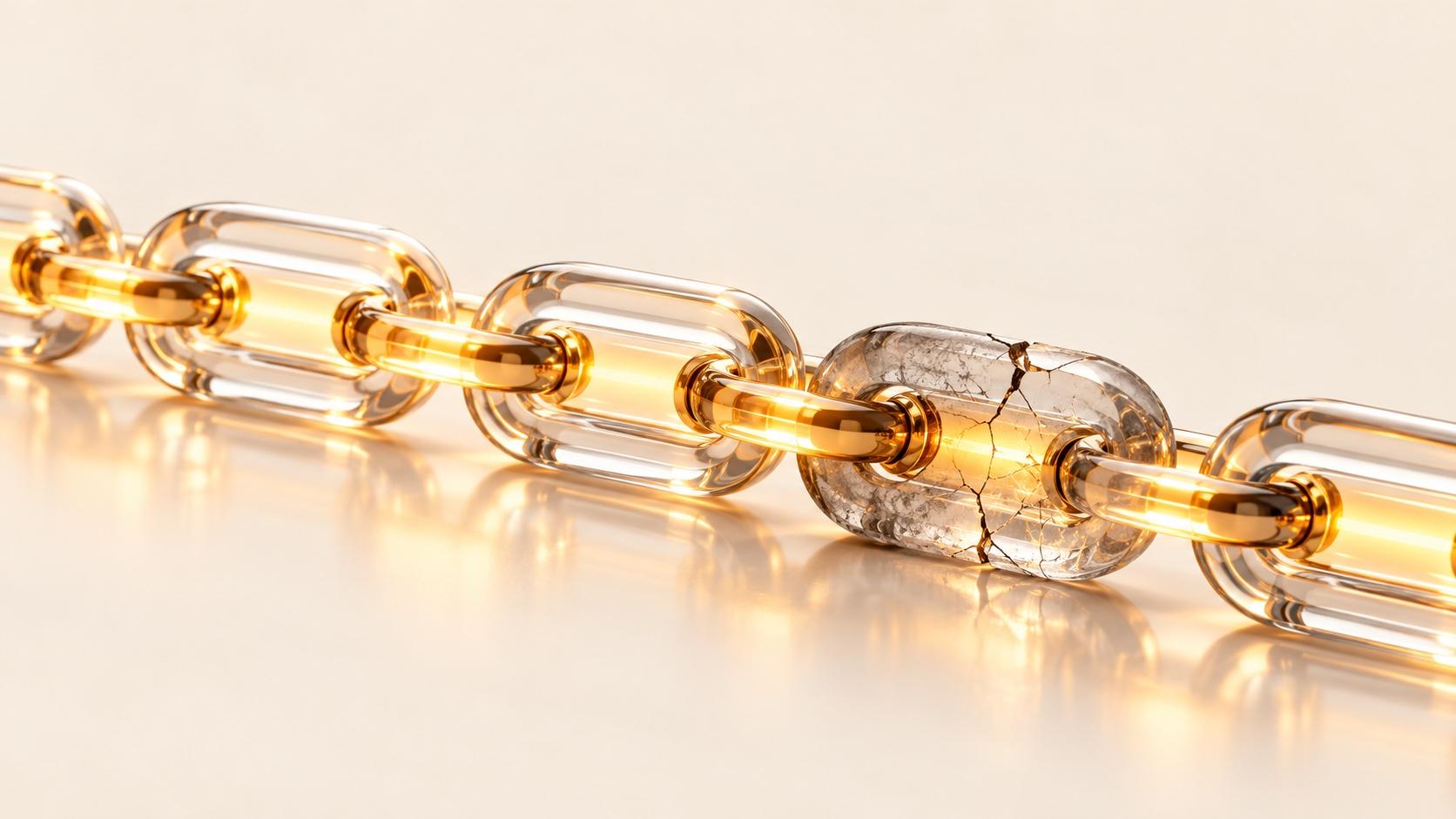 A chain of clear glass links with glowing gold cores on a pale reflective surface, with one cloudy, cracked link near the center