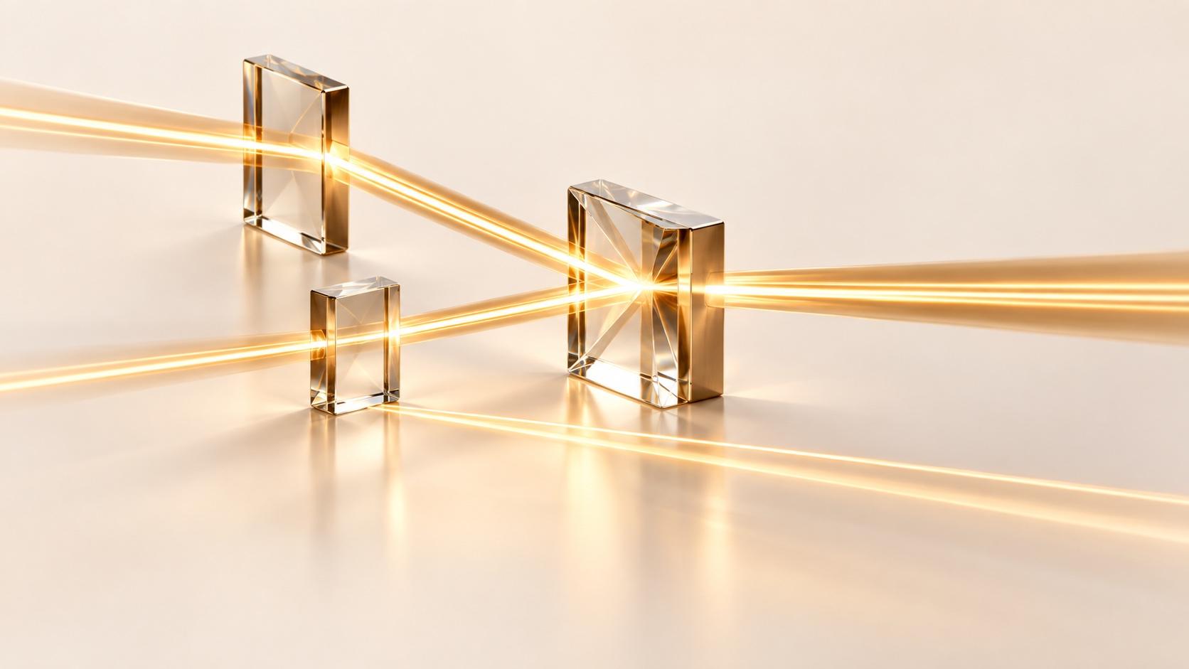 Glass prisms on a cream surface: two beams of warm gold light converge into one through a central prism while a third beam passes close by without joining.