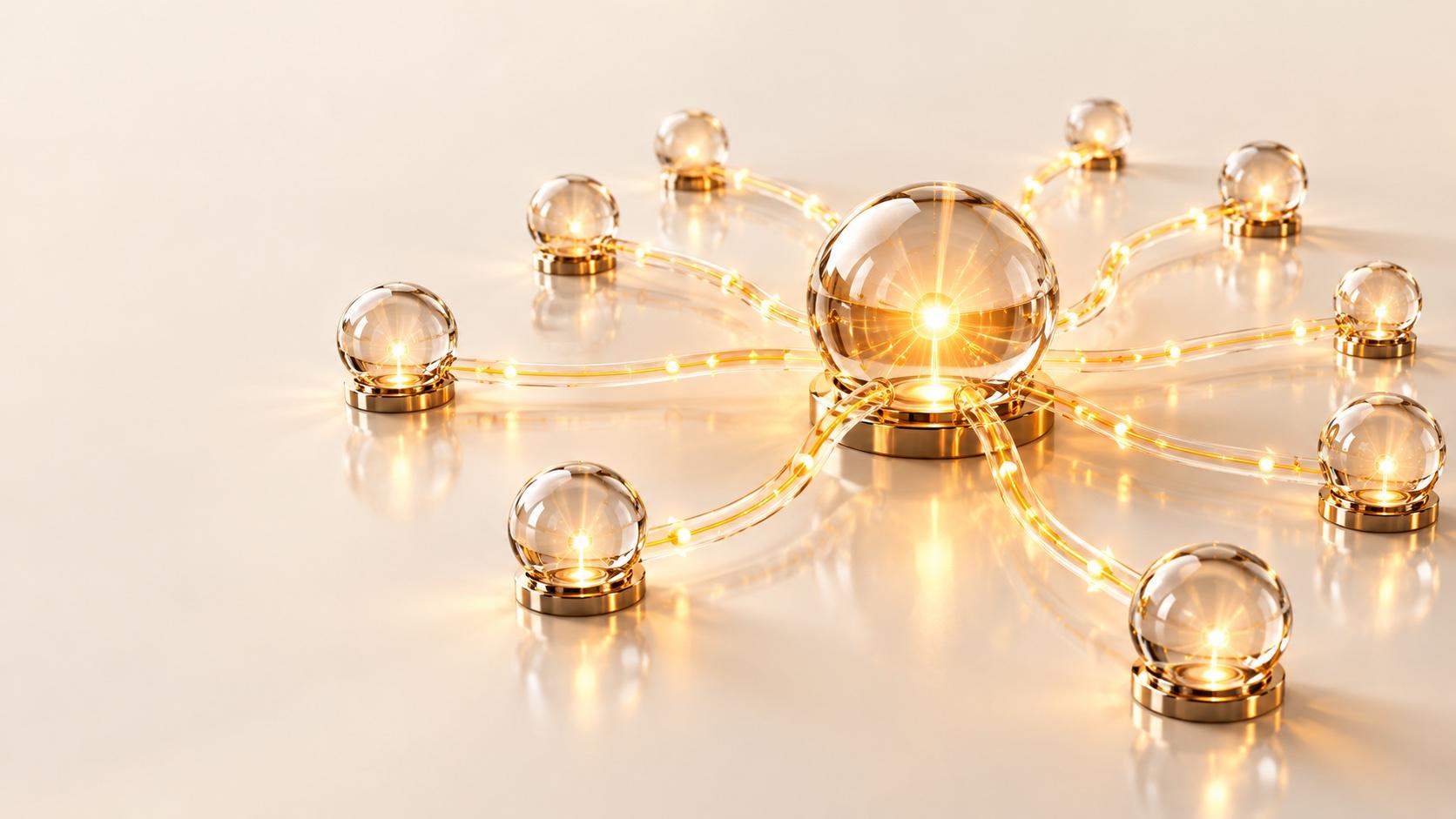 A large glass sphere connected to smaller glass spheres by glowing gold channels on a pale reflective surface