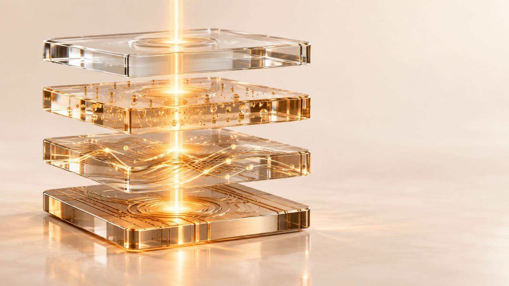 Four transparent glass plates suspended above a pale surface, with a vertical beam of golden light passing through them