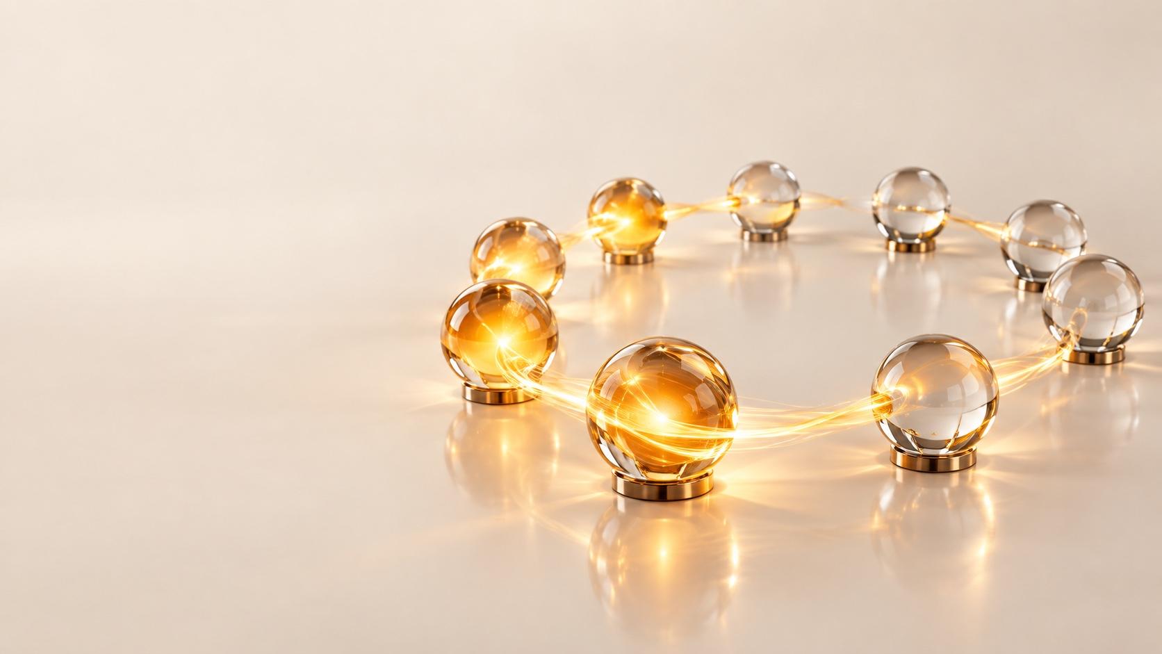 Nine clear glass spheres on small brass stands arranged in a loose ring on a reflective cream surface, linked by a flowing ribbon of golden light, the spheres on the left glowing amber and those on the right still clear.