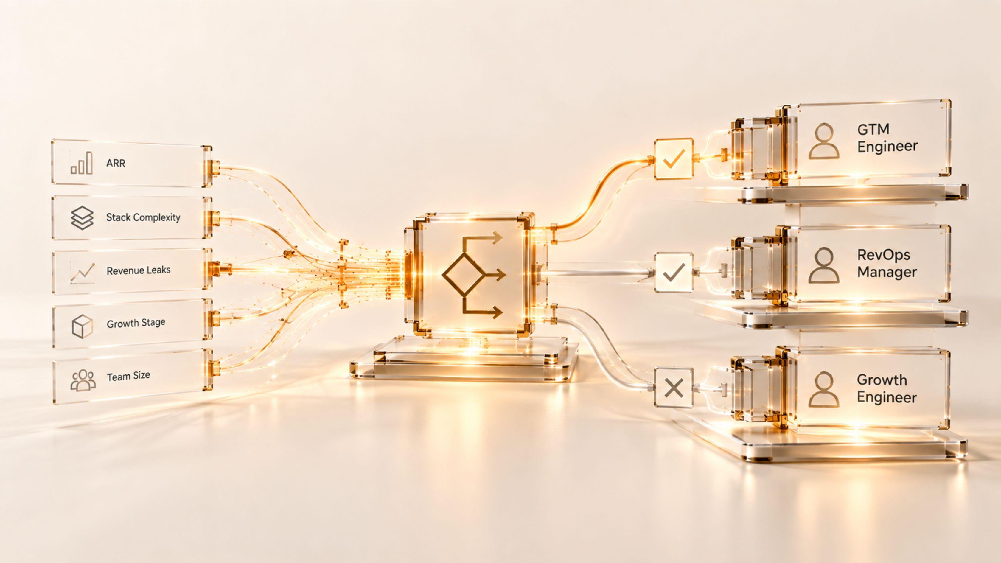 Cream and gold glass flowchart routes ARR, stack complexity, revenue leaks, growth stage and team size toward GTM Engineer, RevOps Manager and Growth Engineer roles.