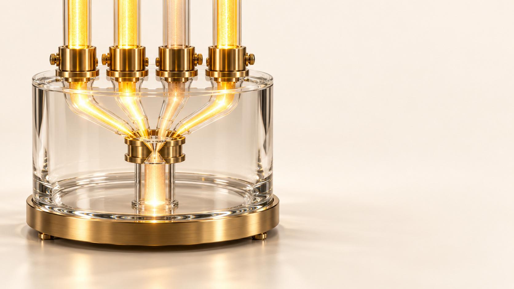 Four upright glass tubes with brass fittings enter a cylindrical glass chamber and converge into one glowing gold outlet; the third tube from the left is dimmer, on a cream reflective surface.