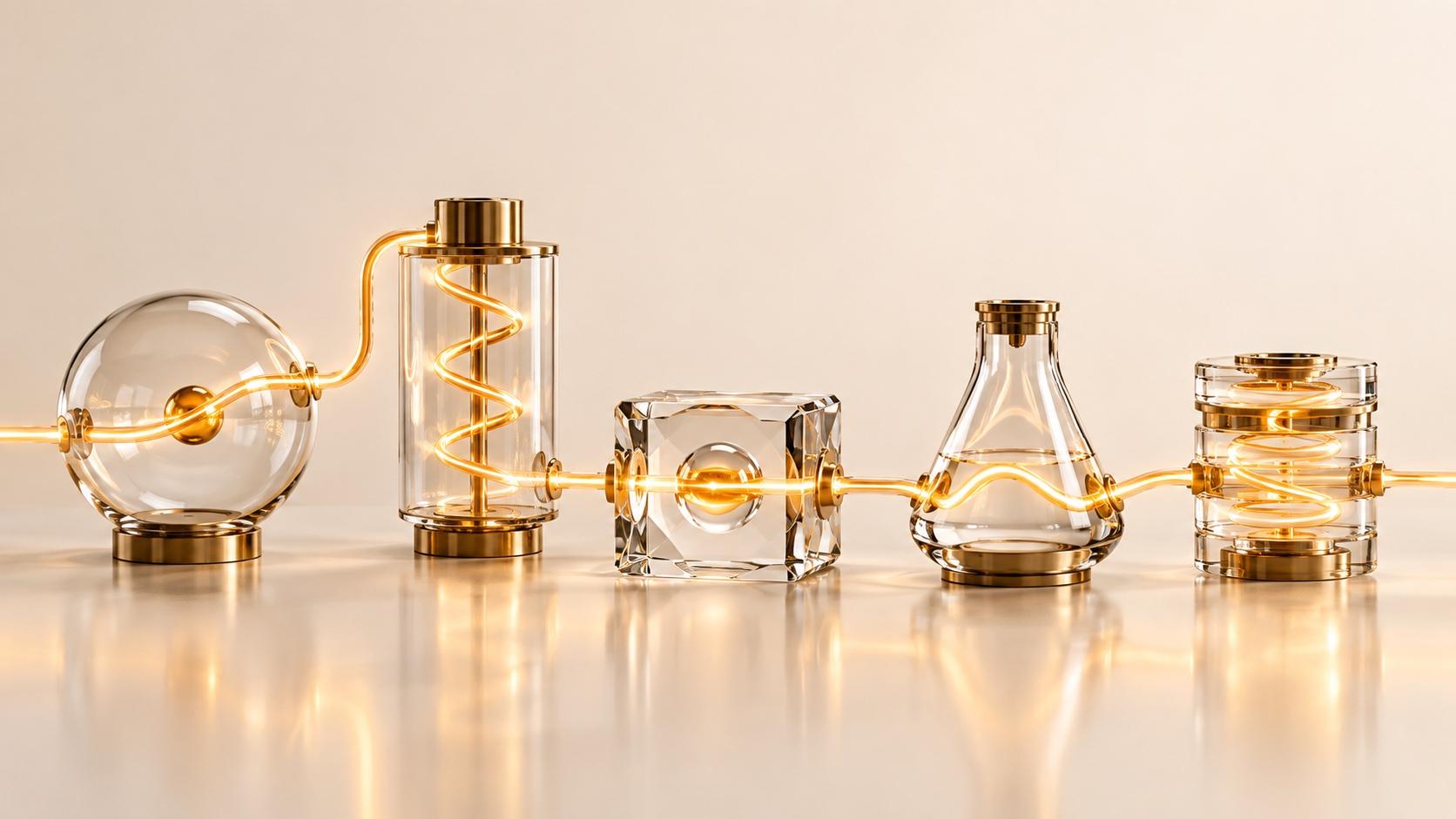 Five glass vessels on a cream surface connected by a continuous thread of golden light