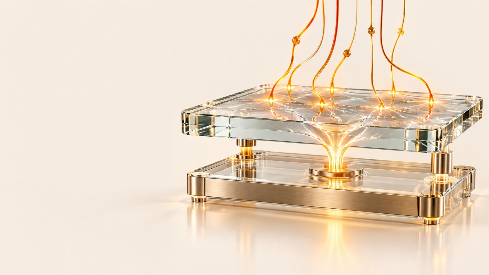 A thick glass slab raised on brass posts above a brass-framed glass base, with glowing orange threads descending onto the slab and converging into one bright column of light that flows down to a brass disc on the base, on a cream surface.