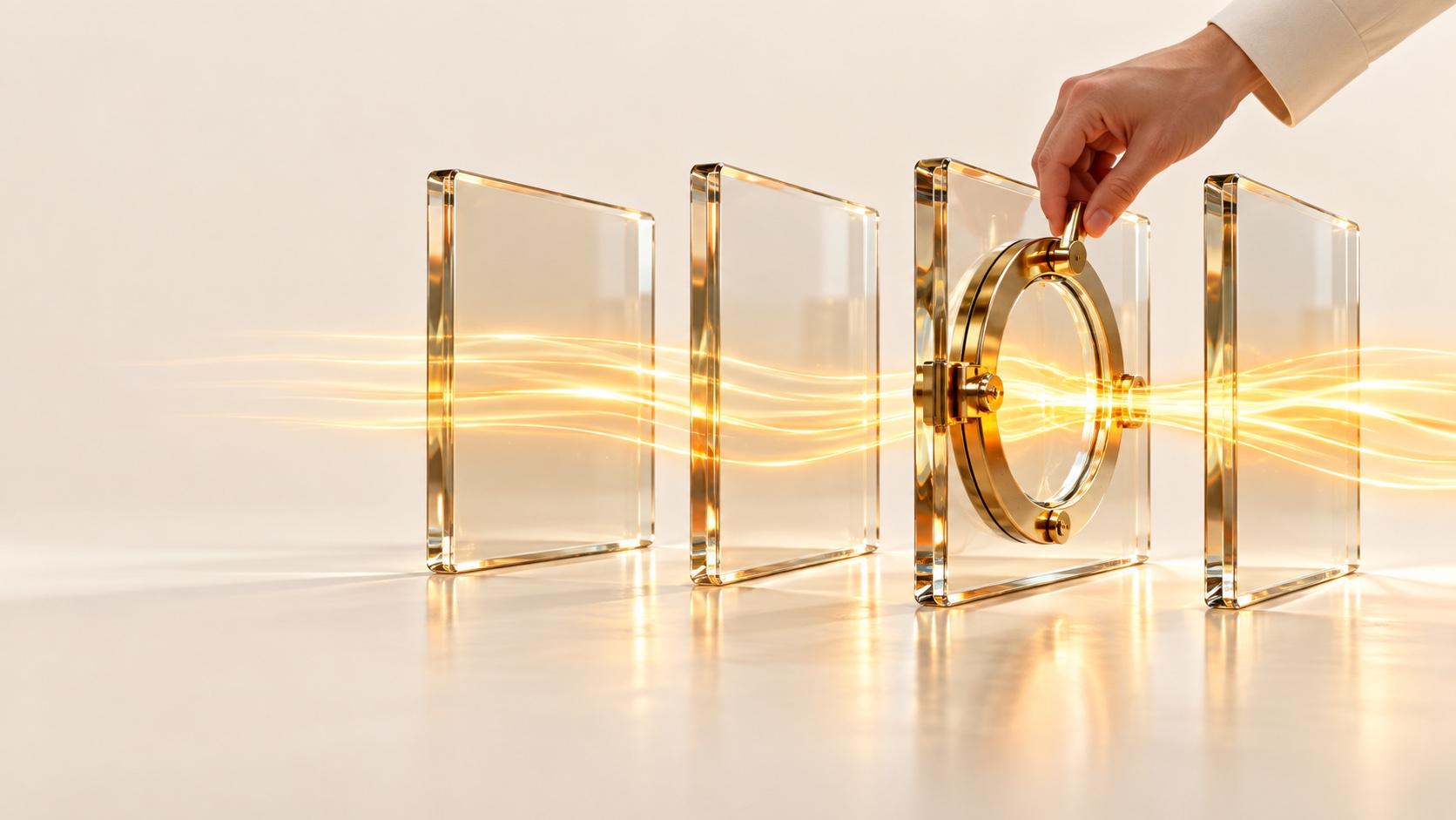 Four upright glass panes in a row on a pale cream surface with streams of warm gold light passing through them, and a hand turning a round brass hatch set into the third pane.