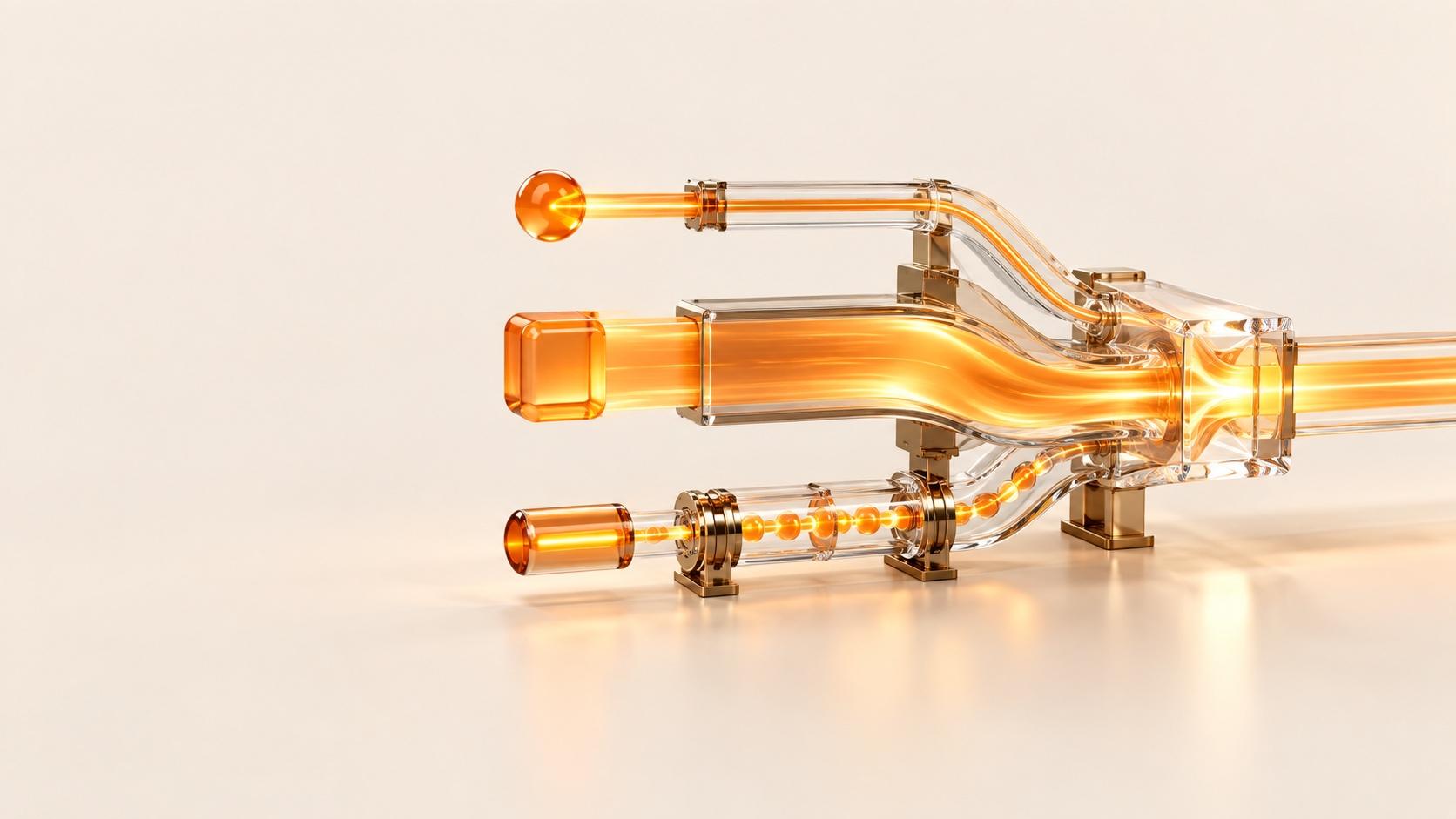 Three glass channels carry gold light from a sphere, a broad rectangular inlet and a round inlet into a clear glass block, then continue as one bright stream on brass supports over a cream surface.