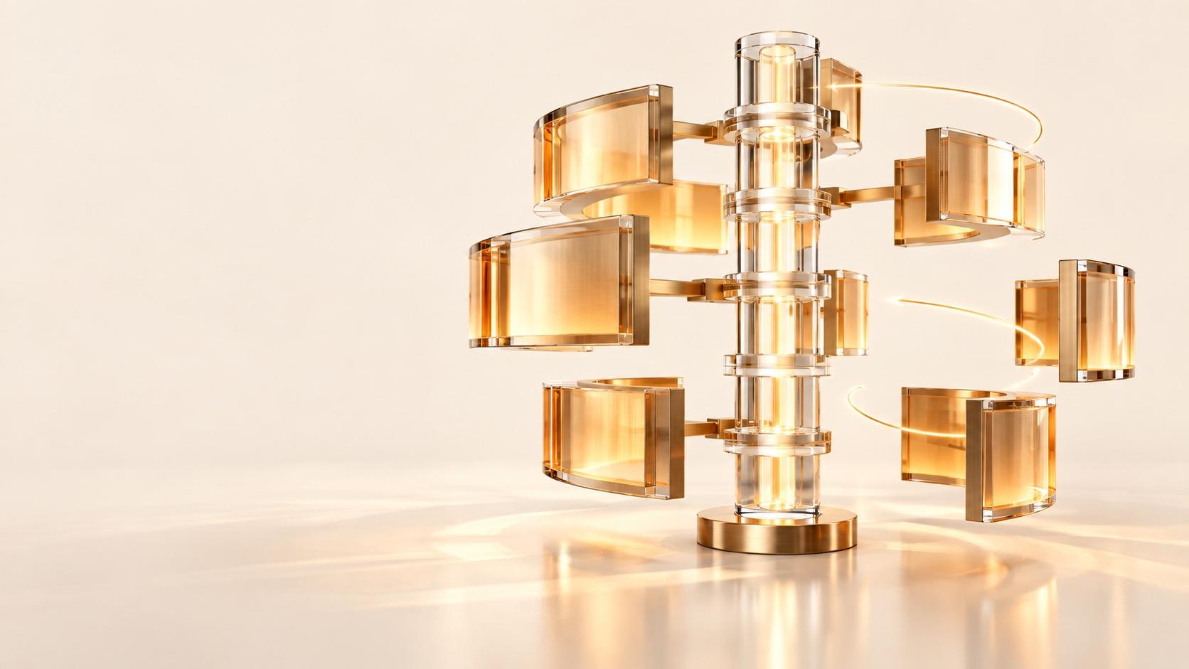A central translucent glass column with gold panels at different heights on a pale reflective surface