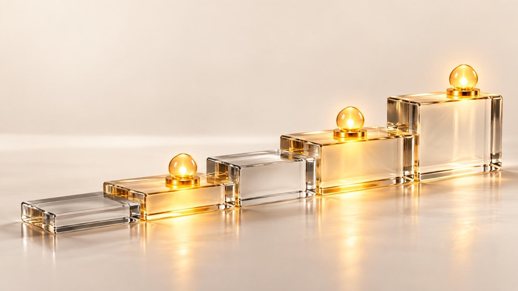 Five ascending clear glass blocks on a reflective cream surface, with glowing gold spheres on the second, fourth and fifth steps.