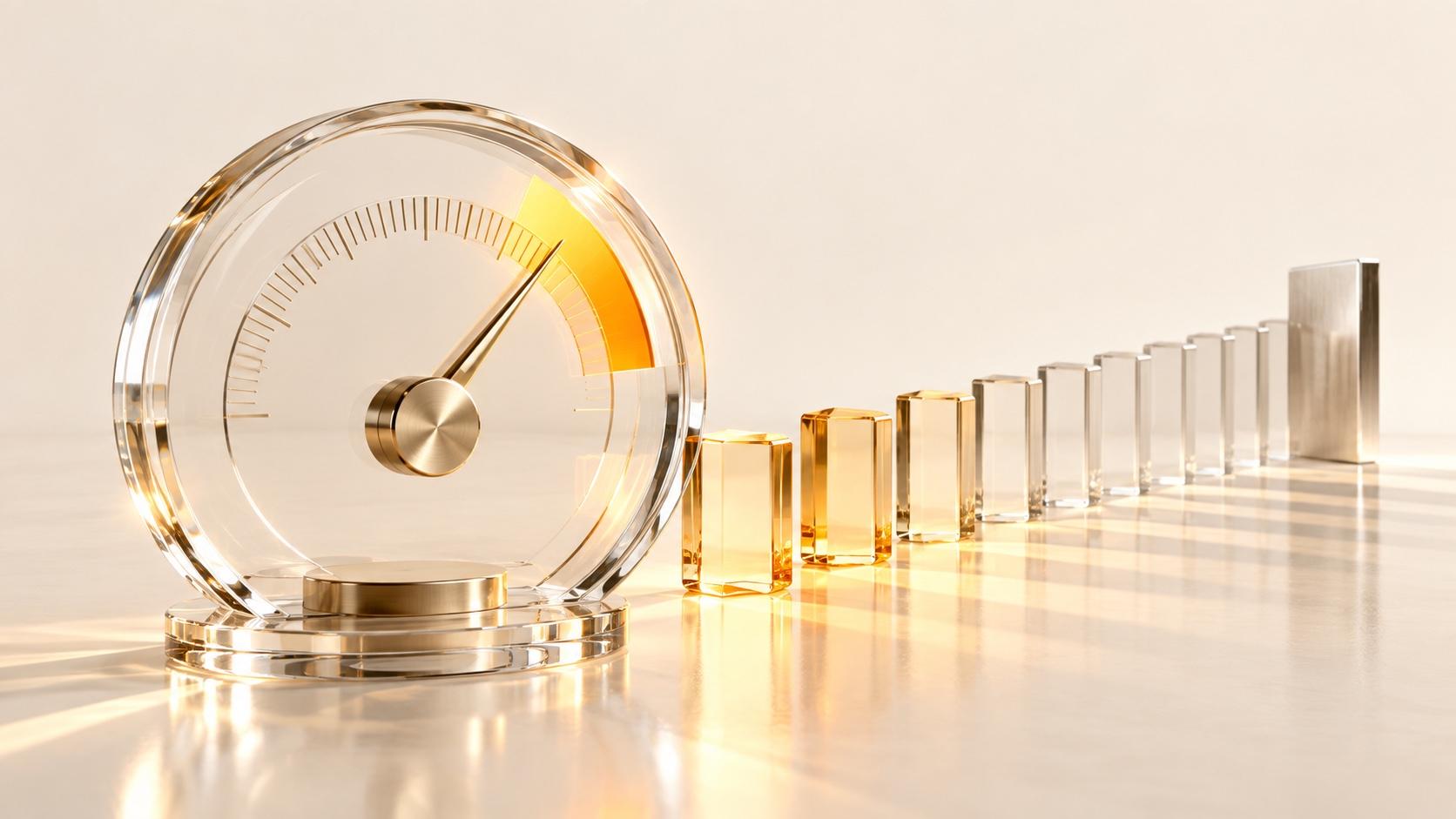 A clear glass gauge with a gold needle pointing toward an amber band, beside a rising row of translucent blocks on a reflective cream surface.
