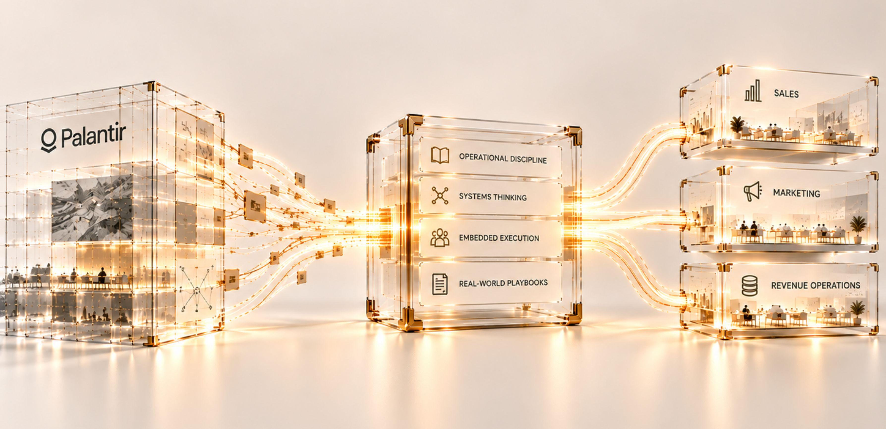 Cream and gold glass diagram: a Palantir block feeds a central panel of operational discipline, systems thinking, embedded execution and real-world playbooks, which flows on to Sales, Marketing and Revenue Operations.