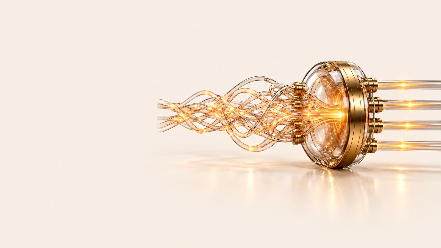 Tangled clear glass tubes carrying gold light converge into a round brass-rimmed glass chamber, then emerge as four straight parallel tubes across a cream surface.