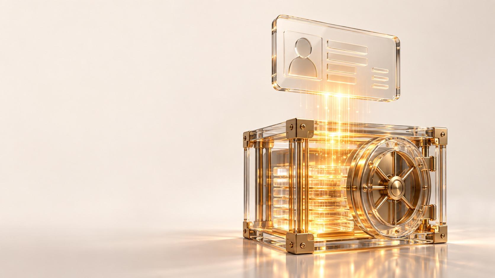 A glass identity card floats above a transparent gold-framed vault, with golden light flowing into stacked discs inside.