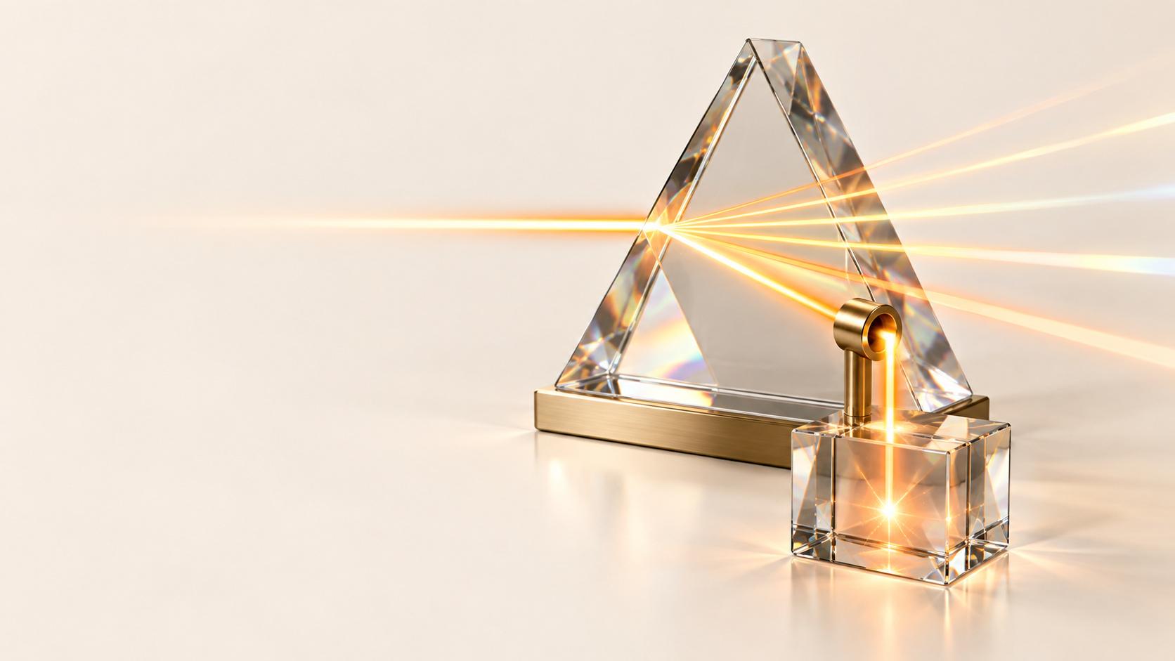 A clear glass triangular prism on a brass base splits a beam of golden light into several rays, while a small brass pipe directs one beam down into a glowing glass cube on a cream surface.