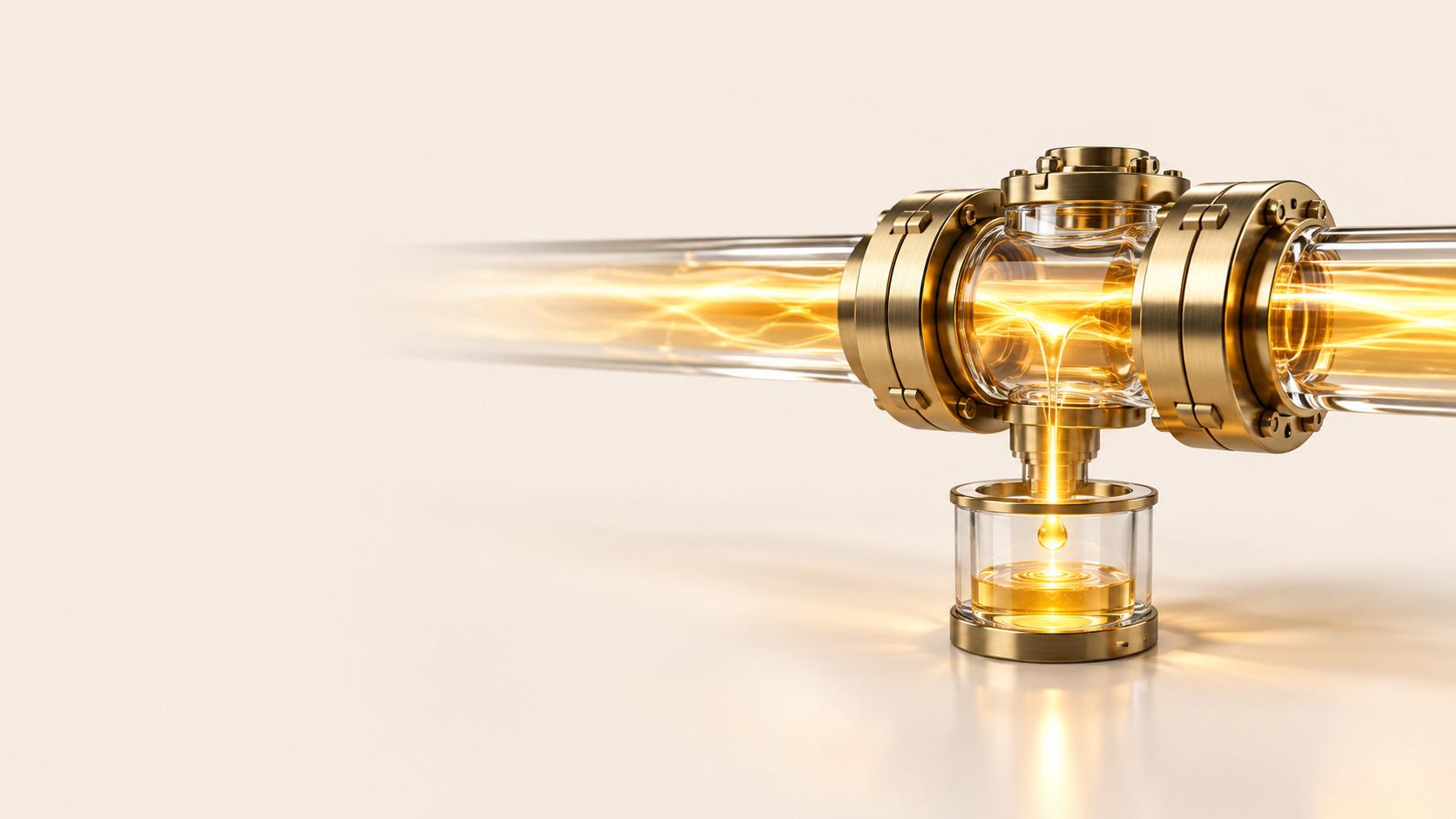 A transparent pipe carries golden light through a brass joint, with a glowing droplet falling into a glass cup beneath it on a cream surface.