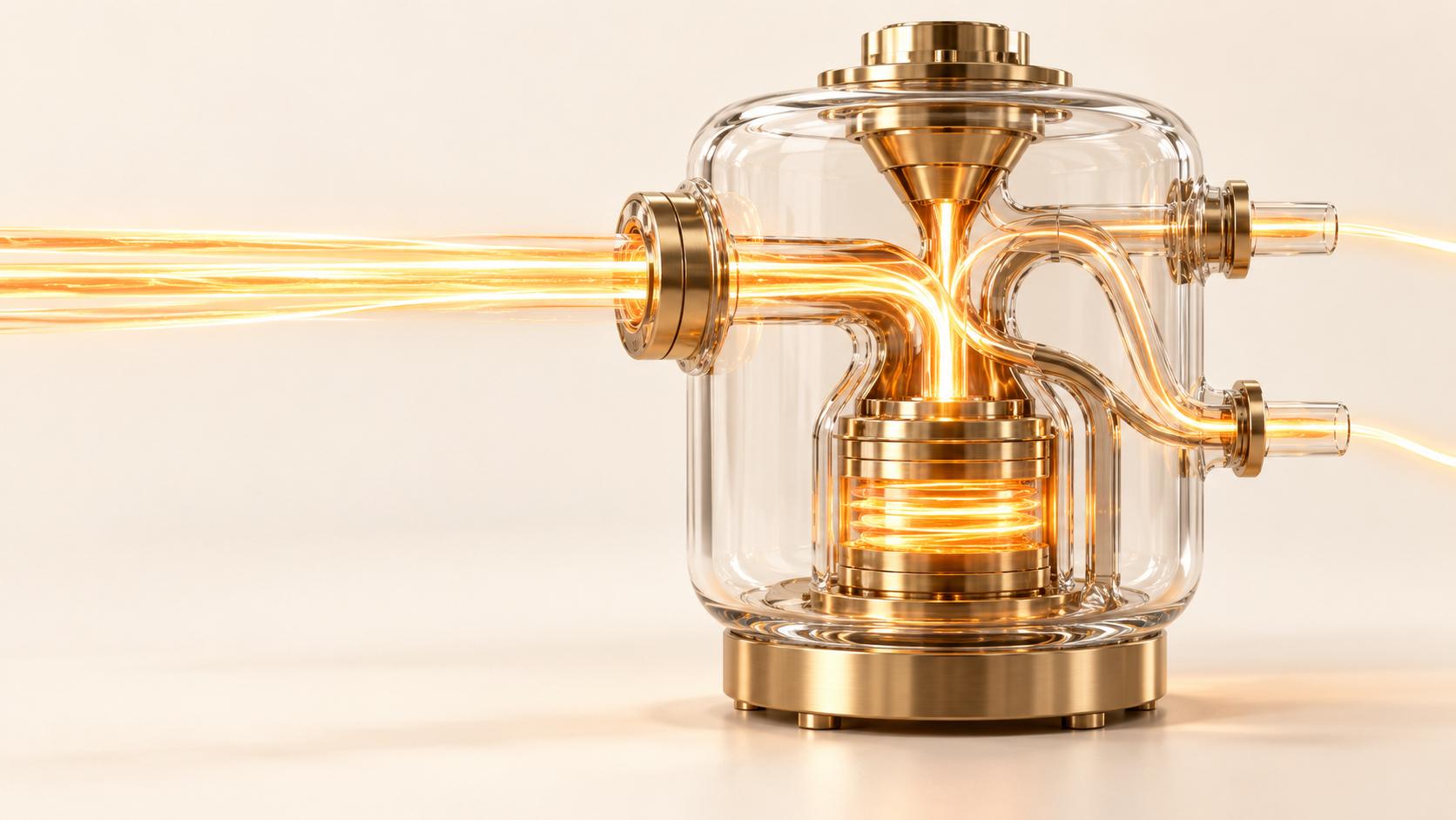 Golden light streams in from the left through a brass fitting into a clear glass chamber on a brass base, is drawn down into a glowing brass core, and leaves through two glass tubes with brass fittings on the right, on a cream background.