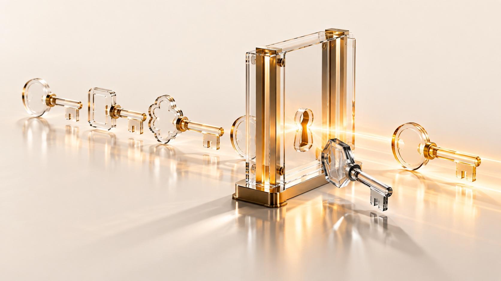 Translucent glass keys around a gold-lit glass gate with a keyhole, with a dark angular key in front on a pale reflective surface