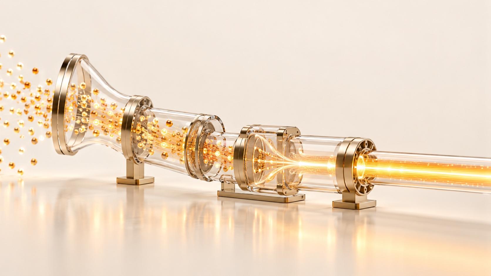 Scattered gold particles on the left flow into a flared glass tube with metal flanges on small stands, narrowing through joined glass sections into one bright golden beam on the right, above a reflective cream surface.