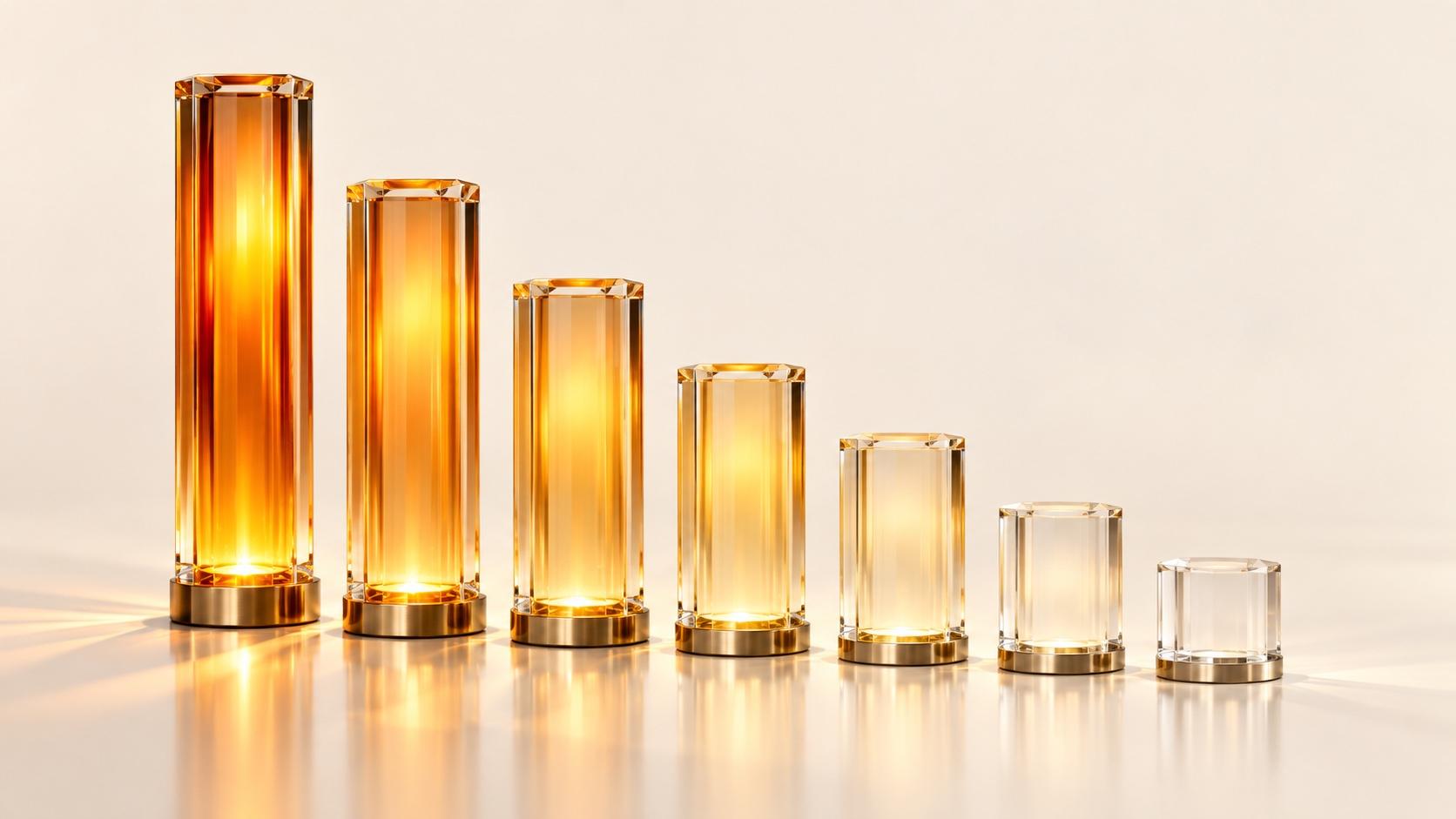 Seven translucent glass rods of decreasing height lit by warm gold light, their glow fading from bright to faint across a pale white surface