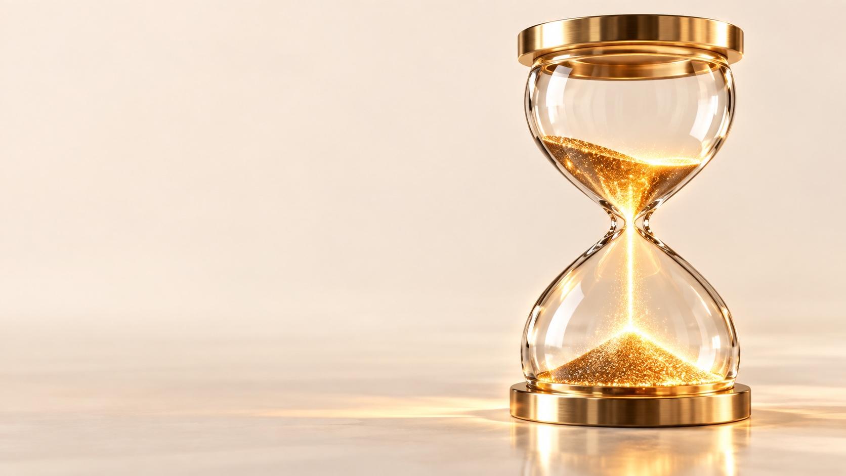 A glass hourglass with brass top and base stands on a reflective cream surface, glowing gold particles falling through its narrow neck into a pile below.