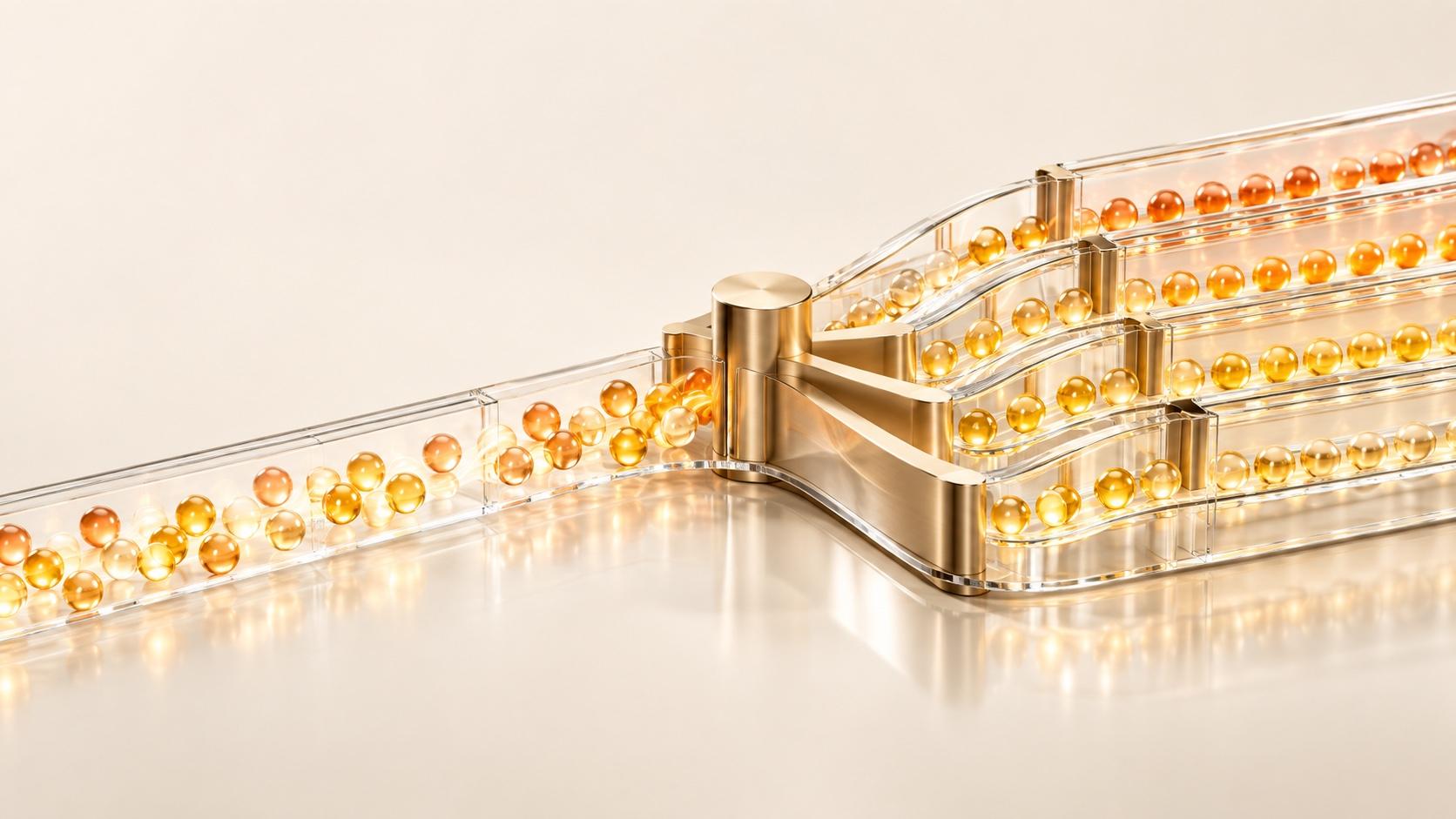 A clear acrylic channel of mixed amber and gold glass spheres runs into a brushed brass junction that splits them into four parallel clear lanes, each lane holding a single shade from deep orange to pale gold, on a reflective cream surface.
