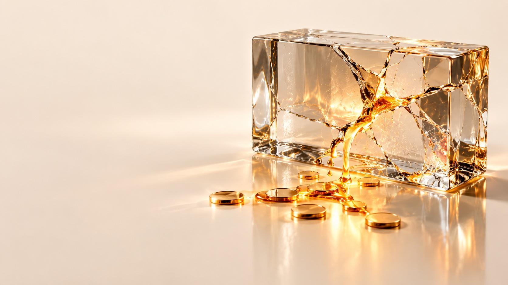 A cracked translucent glass block leaking warm gold light onto a white surface, with droplets of light pooling into coin-like discs.