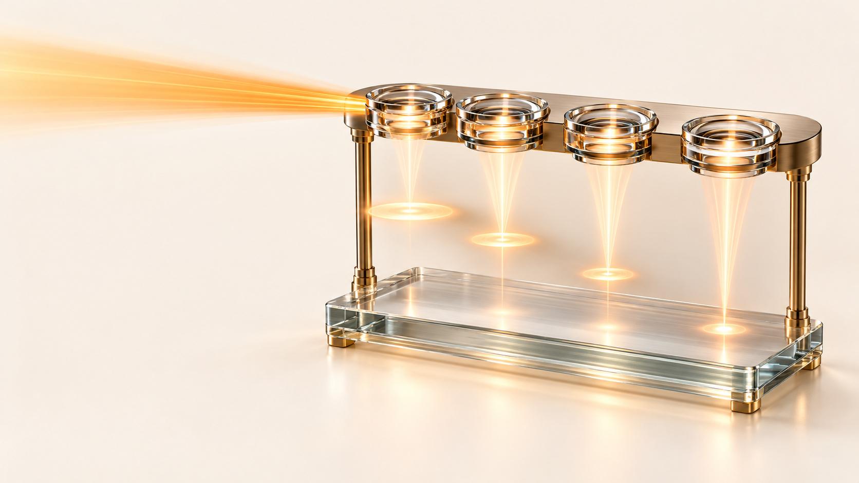 Four clear glass lenses set in a brass rail above a thick glass slab, a golden beam entering from the left and each lens focusing a cone of light lower than the last, with only the fourth reaching the slab.