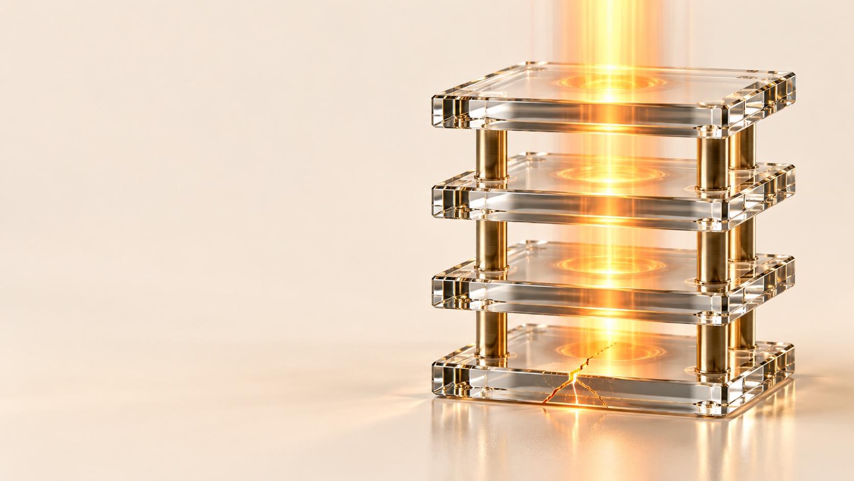 Four thick glass plates are stacked on brass posts around a vertical beam of gold light; a branching crack appears in the front edge of the lowest plate on a cream reflective surface.