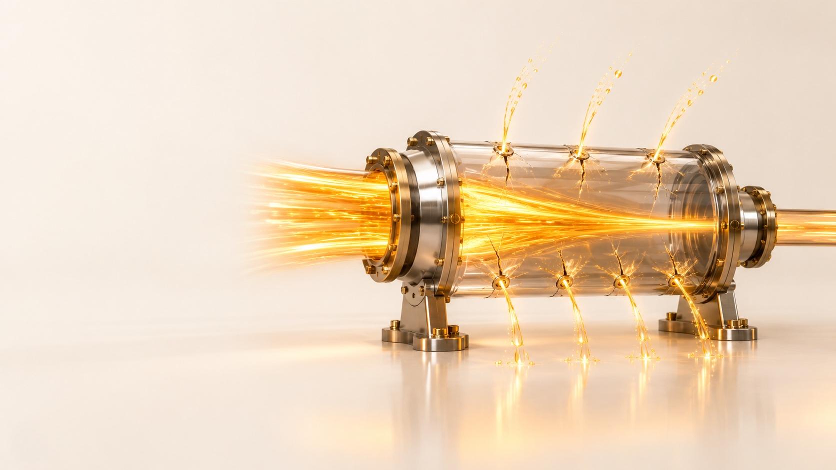 Golden light streams through a horizontal glass cylinder held in polished steel and brass flanges on two brass stands, while seven bright streams of gold escape through small cracks in the glass, three upward and four down to the pale cream surface below.